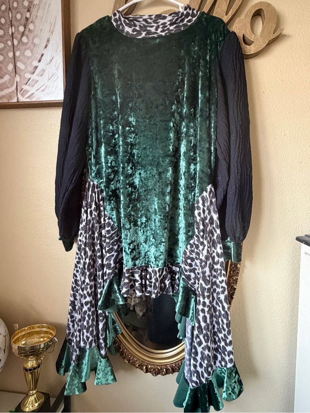 Dainty Jewells Emerald Green Velvet Tunic with Leopard Panels